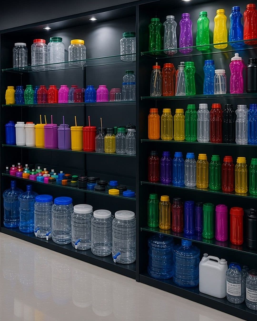 Exhibidor de CORPET en Monterrey con botellas, garrafones, tarros y tapas de colores